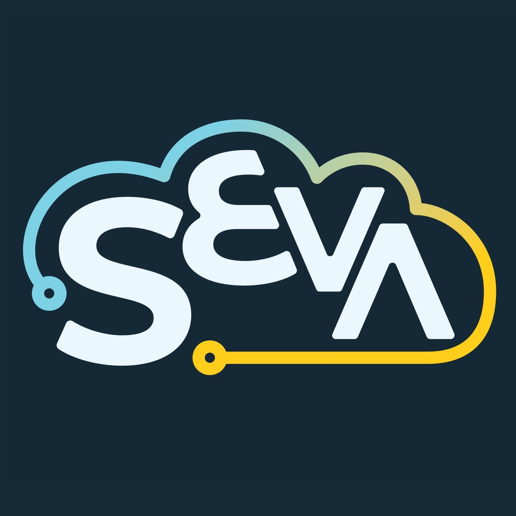 Seva Cloud Logo. The outline of a cloud that fades from blue to yellow surrounding the word seva.