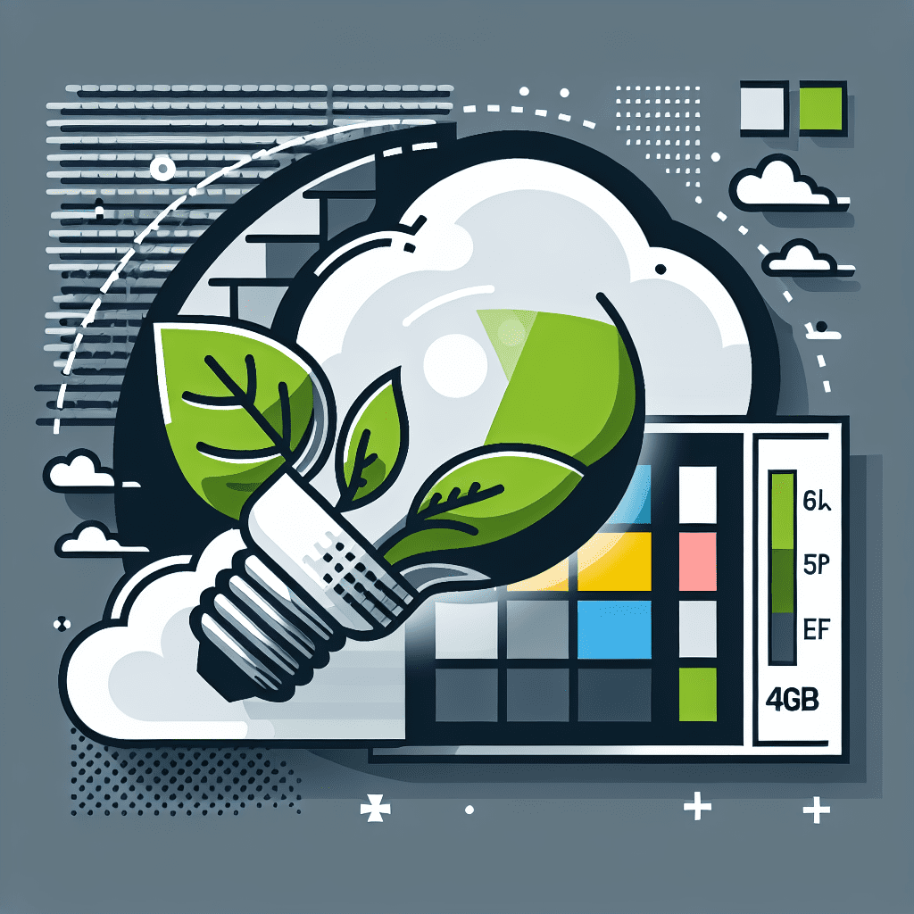 A light bulb running on sustainable energy has leaves in the center and is in front of a digital cloud