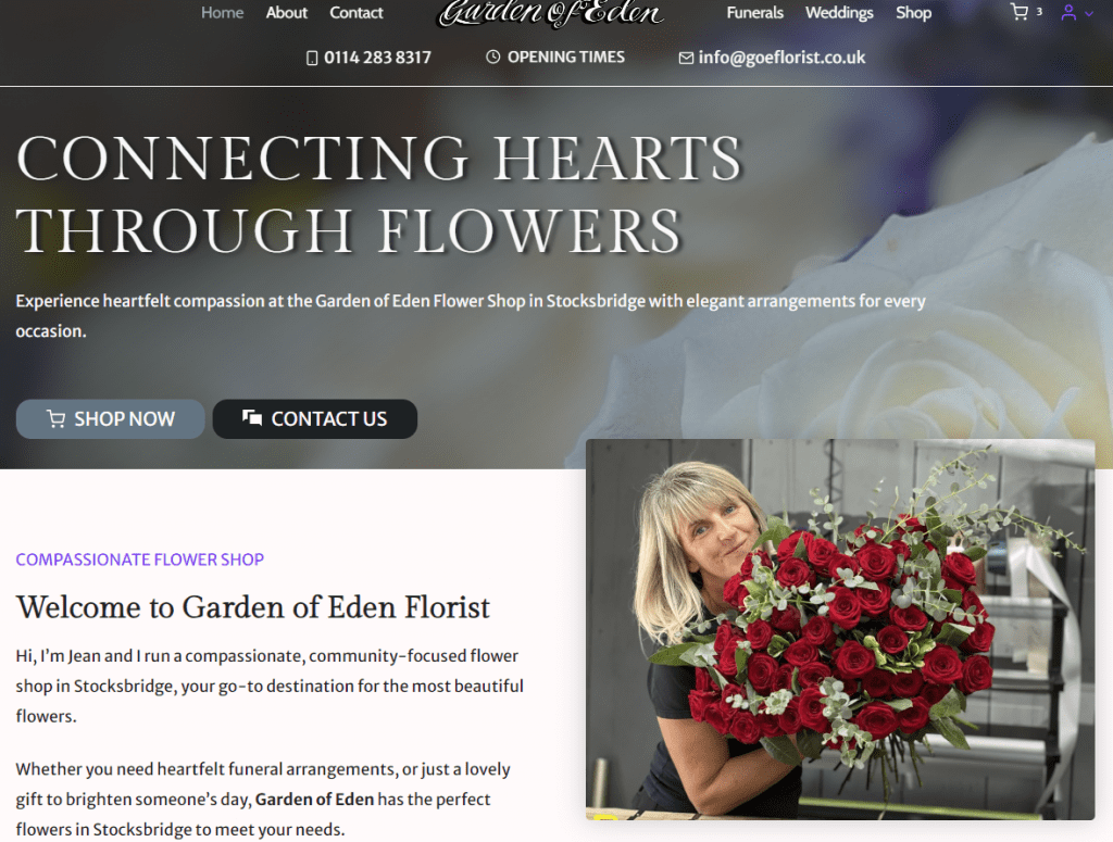Garden of Eden Florist in Stocksbridge website designed by Seva Cloud