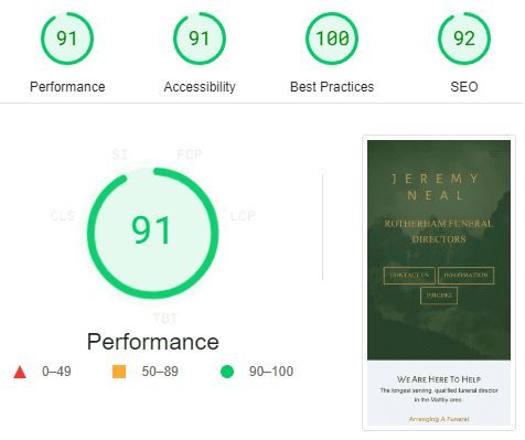 Google Website Page Speed Insight Report showing 91 of 100 performance score, 91 of 100 accessibility score, 100 of 100 best practice score and 92 of 100 Search Engine Optimization score