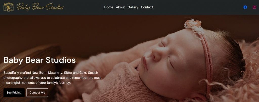 Baby bear studios website header section shows baby sleeping with headband