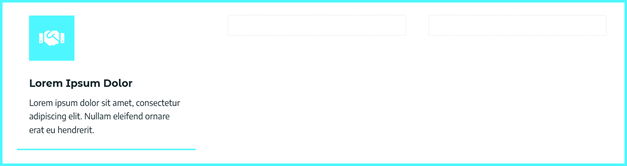 The first of three columns is designed with a replica kadence info box layout with icon, title and paragraph and bottom border
