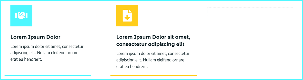 Two columns are now designed with a replica kadence info box layout with icon, title and paragraph and bottom border. The first column is blue and the second column is yellow
