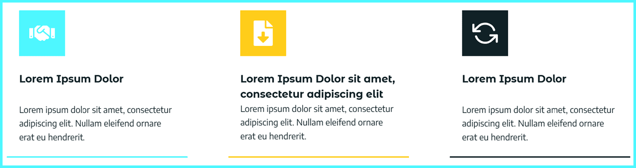 Three columns are now designed with a replica kadence info box layout with icon, title and paragraph and bottom border. The first column is blue, the second column is yellow and the third column is dark grey