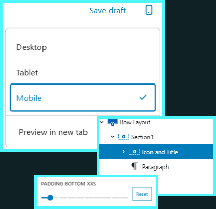 Kadence row layout styled for mobile size screen with XS padding between title and paragraph