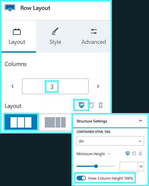 Kadence Row Layout configured with 3 columns and inner column height set to 100%