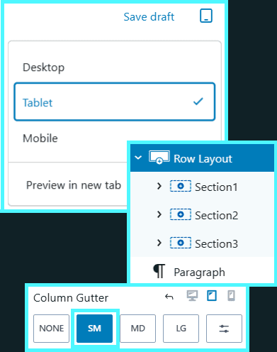 Kadence row layout styled for tablet size screen with Small column gutter